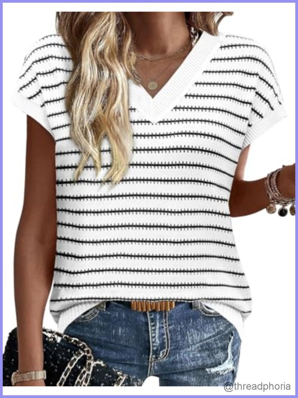 Women's V-Neck Short Sleeve Knit Sweater with Striped Crochet Pattern